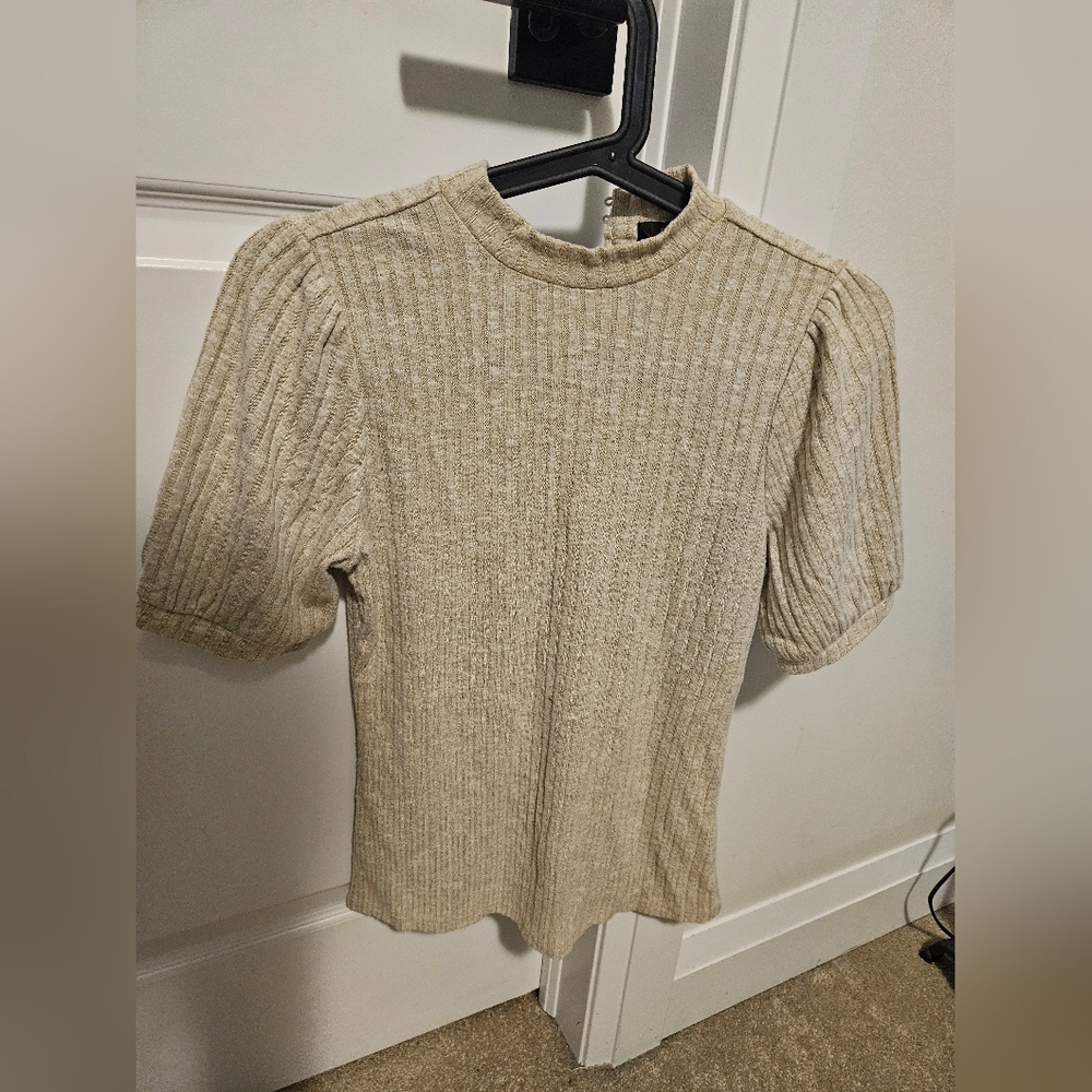 Beige Ribbed Short Sleeve Sweater